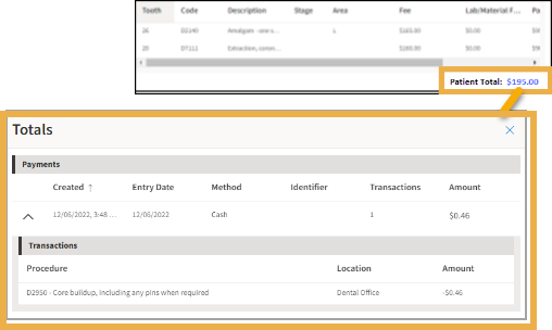 Patient Total  Patient Total hyperlink image with a callout providing details of the Totals window with the Payments and Transactions